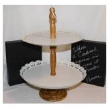 Vintage metal 2-tier dessert stand w/ wooden base