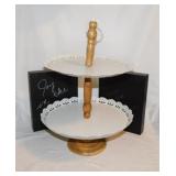 Vintage metal 2-tier dessert stand w/ wooden base
