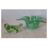 Hand blown green swirl glass bird & flower petal