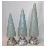 3 Modern lighted ice blue Christmas trees, 12",
