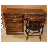 Vintage solid wood 5 drawer knee-hole desk & chair