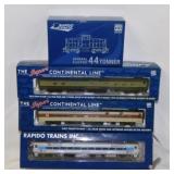 4 new Rapido railroad train cars in boxes: