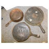 3 vintage cast iron skillets: 8', 9' & 10'