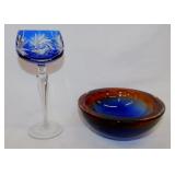 Bohemian cut crystal stemmed cobalt wine glass -