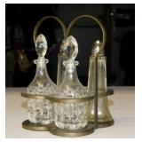 Antique brass condiment set: Glass vinegar & oil