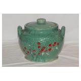 1940's glazed turquoise & red cherries crock