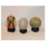 3 vintage reverse painted glass egg orbs on