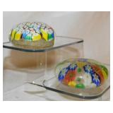 2 millefiori blown glass paperweights, 2.75" diam.
