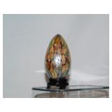 Blown art glass egg on stand, 3' tall- banded