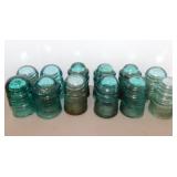 12 Brookfield & Hemingray aqua glass insulators