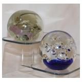 2 blown glass paperweights w/ controlled bubbles,