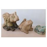 3 concrete frogs & good luck elephant garden