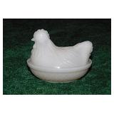 Vintage Hazel Atlas milk glass hen on nest,