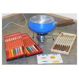 Mid Century royal blue fondue pot w/ paperwork &