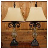 Pair of glass table lamps w/ fluted linen shades
