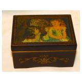 Mid Century Linden music box, works, 4" x 3" x