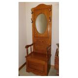 Oak hall tree w/ storage bench seat  mirror,