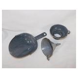 Antique graniteware: Grain scoop - 2 funnels