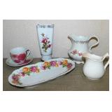 Antique porcelain milk pitcher, celery dish,