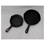 2 antique cast irons skillets, 7" & 8" diam.
