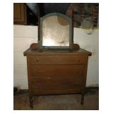 Antique oak 3 drawer dresser w/ mirror on casters,