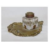 Antique square glass inkwell on ornate metal tray