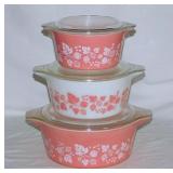 1957 Pyrex Pink Gooseberry 3 pc. casserole set w/