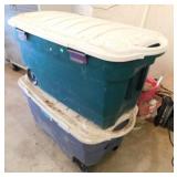 2 Rubbermaid Roughtote wheeled storage box totes