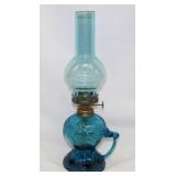 Vintage blue glass oil lamp, Hong Kong, 13' tall