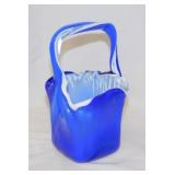 Hand blown cobalt blue glass basket w/ white