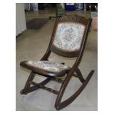 Antique folding rocking chair w/ needlepoint