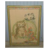 2 framed crewel embroidered kitten pictures -