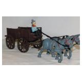 2 cast iron horses w/ wagon & driver