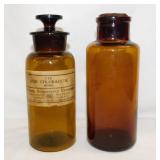 2 vintage amber glass chemical bottles,