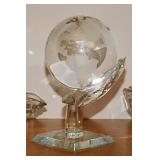 6 pieces of crystal: Etched World globe on stand,