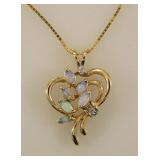 14K yellow gold heart pendant w/ opals & diamonds,