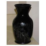 Black glass & Sterling Silver inlay Asian vase -