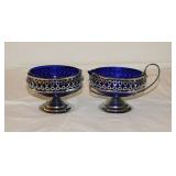 Cobalt glass creamer & open sugar bowl in chrome
