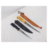 2 fillet fish knives w/ sheaths, longest is 7"