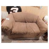 Blue & white striped loveseat w/ brown cover, 64"