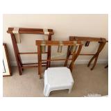 3 Wooden Luggage Stands and a White Plastic Step