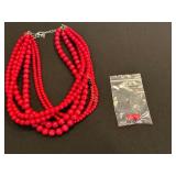 Red Beaded 6 Strand Necklace with Earrings