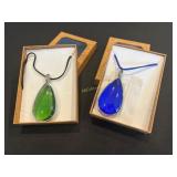 2 Large Teardrop Glass Pendant Necklaces- Blue