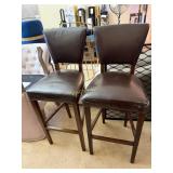 Brown Leather Bar Stools in Dark Wood Frame,