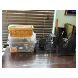 2 Totes and a Wicker Basket of Office Supplies,