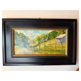 Framed Water Color Painting of a Fenced Hill with