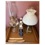 Box Containing 2 Oil Lamps (One with Milkgalss