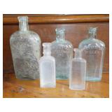 3 Flasks, 2 Apothecary Bottles 5-8"