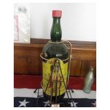 J&B Glass Whiskey Bottle w Metal Stand, Rare