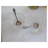 2 Glass Salts, 2 Sterling Silver Spoons